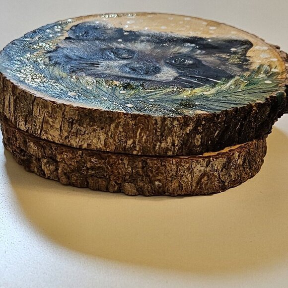 Handmade Round Wood Ornaments Lot of 2 Christmas Winter Hanging Loop Unique Art - Picture 7 of 12